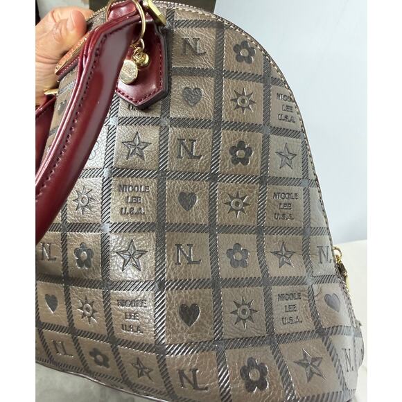 Nicole Lee Monogrammed Dome Satchel Handbag In Brown And Burgundy Red main image 3